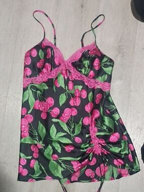 Victoria's Secret Black Chemise with Pink Cherry Print & Pink Lace